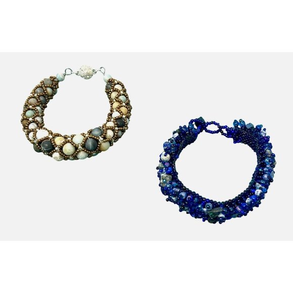 2 Handcrafted Vintage Beaded‎ Bracelets From The 1990s In Blue & Earth Tones - Picture 3 of 10